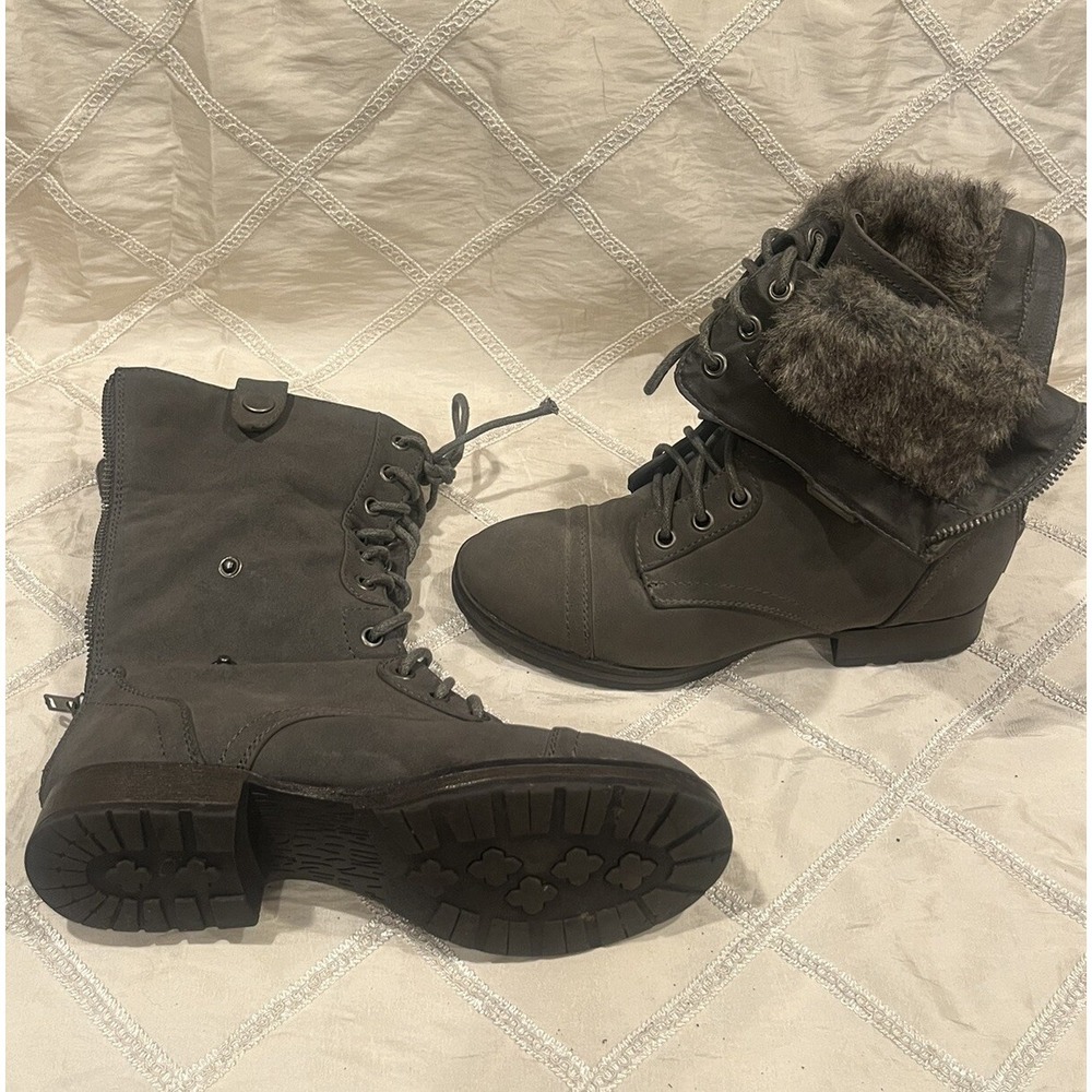 Women's Size 6.5 Faux Fur Trim Gray Combat Boots -Adjustable Lace Up & Zip Up
